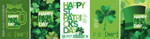 Happy St. Patrick's Day! Vector modern illustration of beer, mug, Irish green ale, shamrock, logo, hat for poster, flyer, invitation, greeting card or background