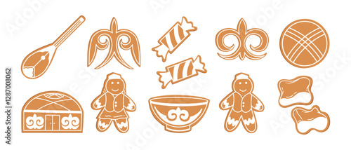 Kazakh national elements, ornaments set in the form of  gingerbread cookies. Kazakh Yurt, bowl, candy, shanyrak. Happy Nauryz day. Spring equinox holiday in Kazakhstan