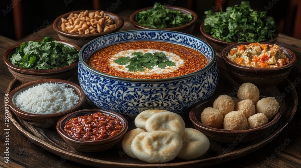 Fototapeta premium Wooden tray displaying Indian lentil soup with accompaniments, including rice, chutneys, and bread; restaurant setting