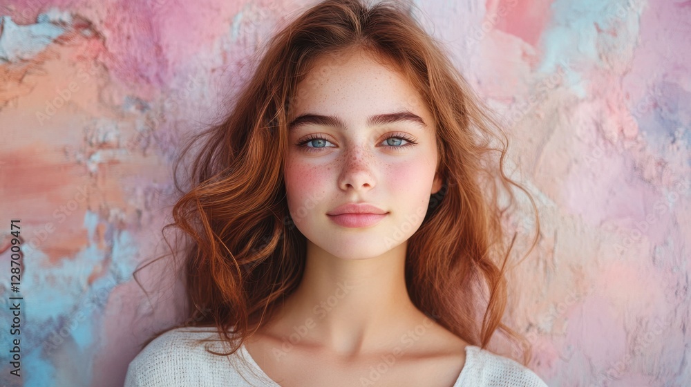 Serene Girl Portrait: Freckled face on Pastel Canvas Texture Serene Girl Portrait: Freckled face on Pastel Canvas Texture