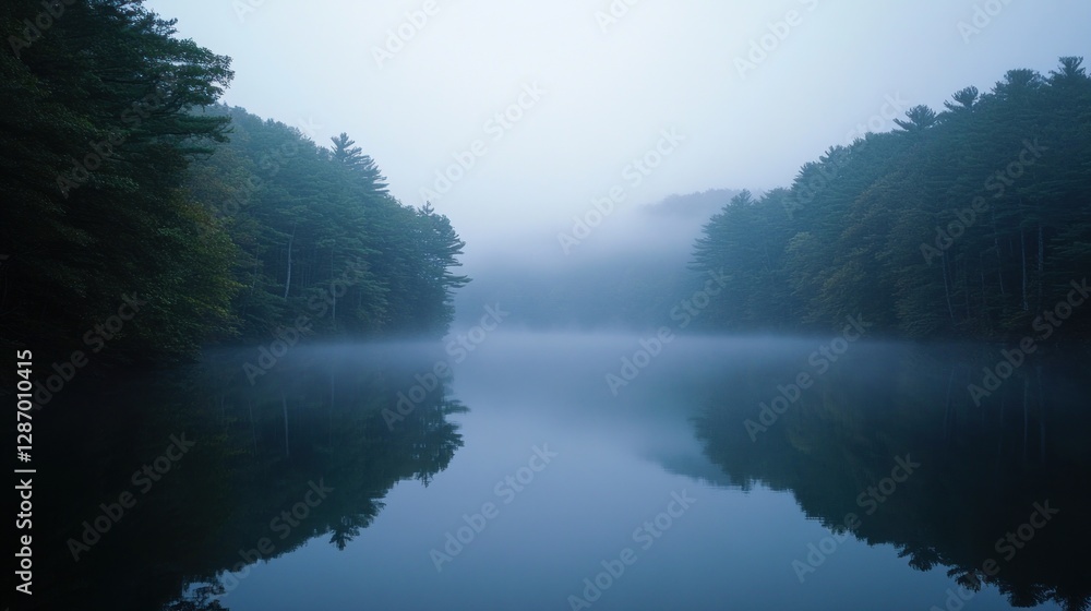 Misty Lake Reflection Surrounded by Trees on Foggy Day Misty Lake Reflection Surrounded by Trees on Foggy Day