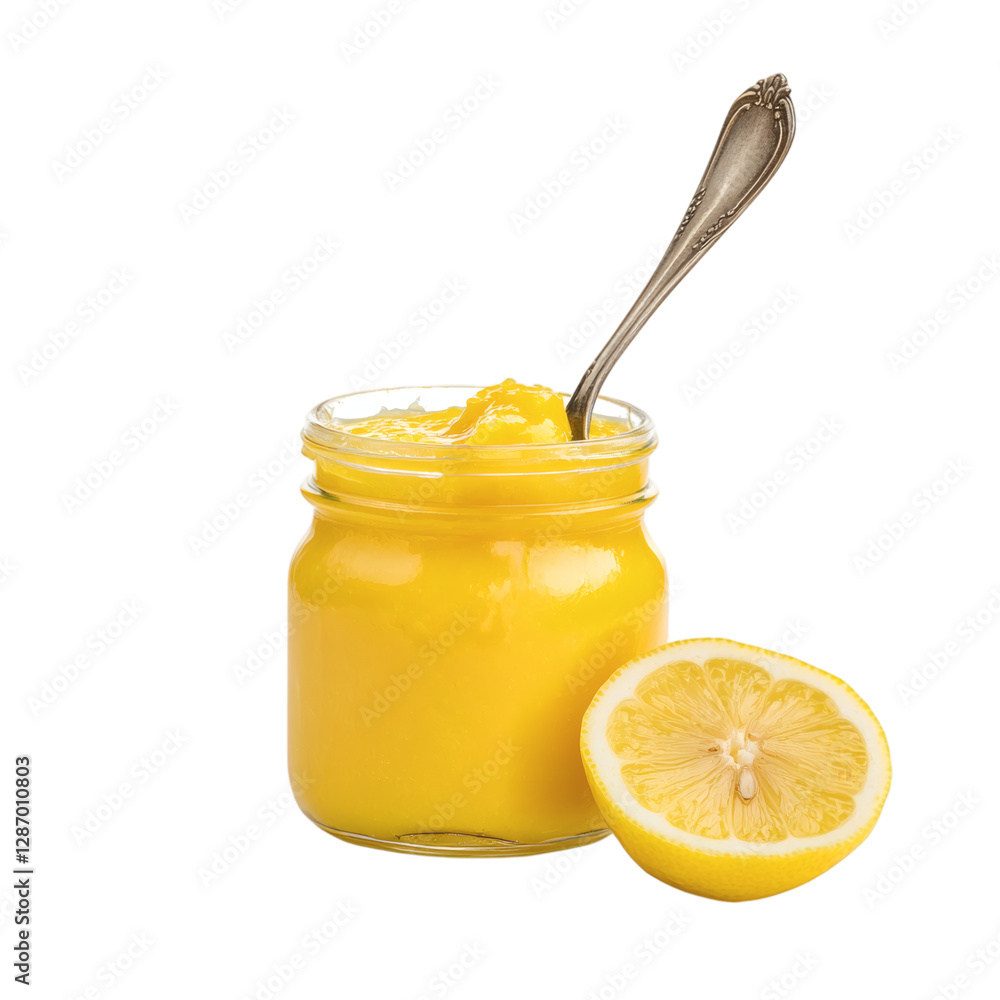 A Fresh Jar of Lemon Curd with a Spoon Isolated on Transparent Background A Fresh Jar of Lemon Curd with a Spoon Isolated on Transparent Background