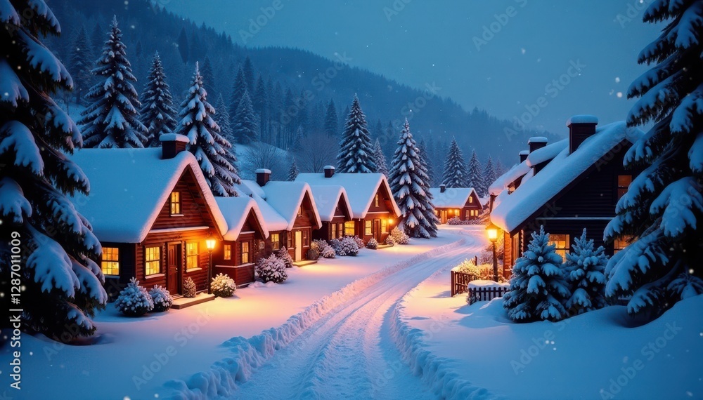 Naklejka premium Sweeping view of snow-covered Christmas village, twinkling lights , celebration, decorations