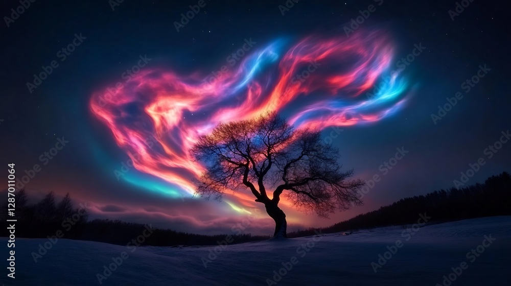 Obraz premium Vibrant Aurora Borealis Illuminates Tree Silhouetted Against Dark Night Sky