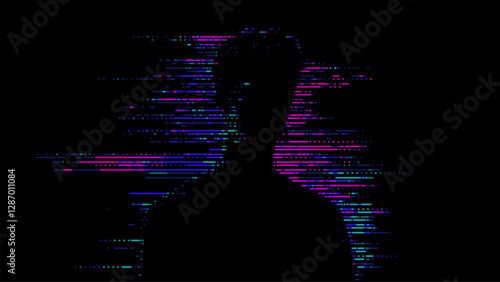 Digital glitch pixel art of a silhouette. black background. human figure. Glitching 8-bit video game character. Minimalist. neon blue and purple lines. vector graphics.