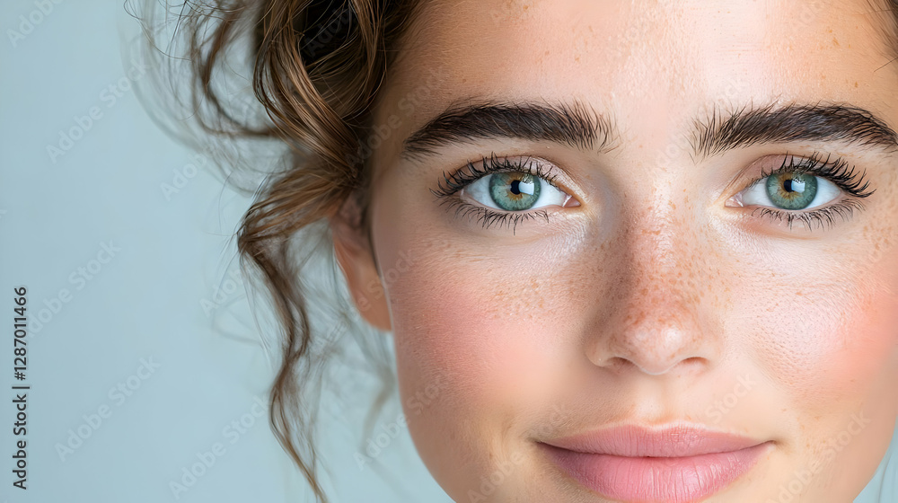 Fototapeta premium Woman's face, close-up, freckles, green eyes, beauty