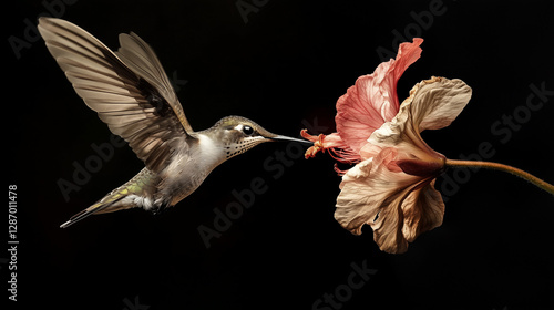 Hummingbird feeding on a delicate flower against a dark background, highlighting the contrast between nature’s beauty and fragility