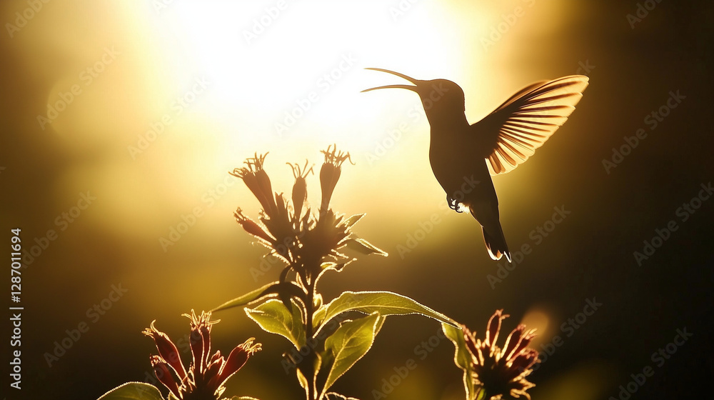 Obraz premium A silhouetted hummingbird feeding on a wildflower against golden sunlight, capturing the beauty of nature at sunset