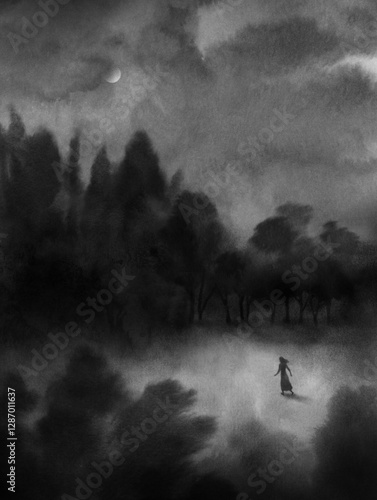 In the night forest. Hand painted illustration. Watercolour on paper.