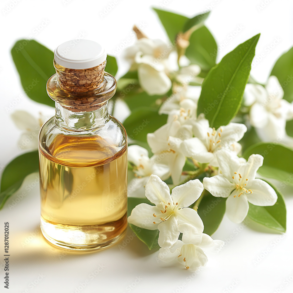 Neroli aroma oil surrounded by fresh white flowers on a bright white background showcasing its soothing qualities and natural essence Neroli aroma oil surrounded by fresh white flowers on a bright white background showcasing its soothing qualities and natural essence