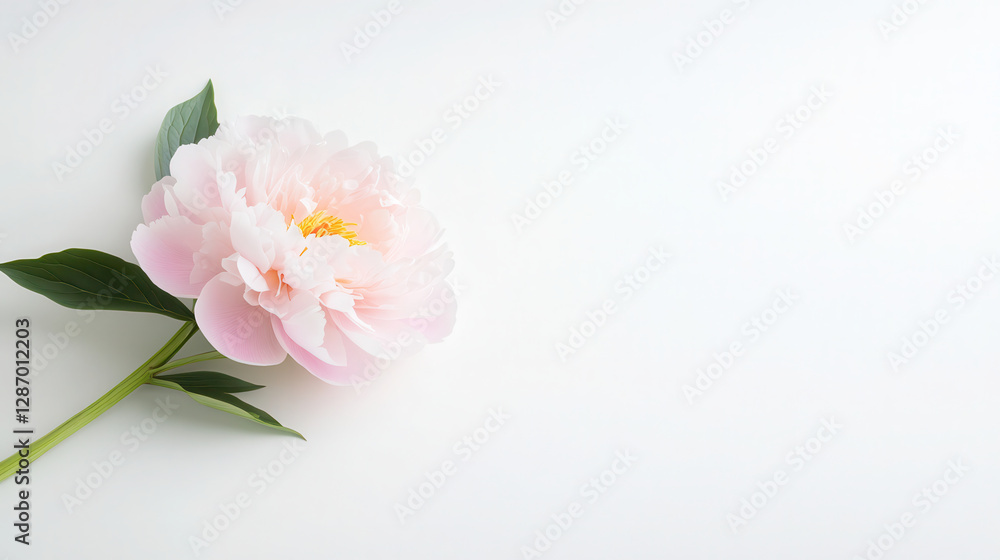 Fototapeta premium A delicate peony rests elegantly against a soft white background, showcasing its lush petals and vibrant green leaves in natural light.emplate, empty, for text, place, copyspace, copy space
