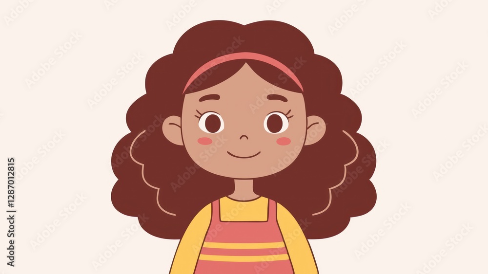 Cheerful Cartoon Girl Portrait Cute Brunette Character in Headband and Stylish Outfit Cheerful Cartoon Girl Portrait Cute Brunette Character in Headband and Stylish Outfit