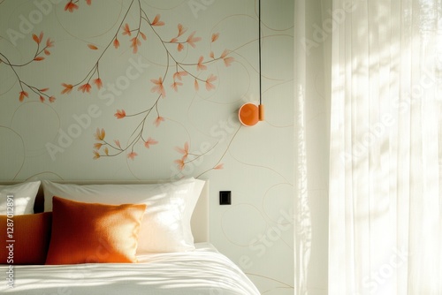 Stylish bedroom featuring bold spring-themed wallpaper with floral designs and a warm color palette for a cozy retreat photo