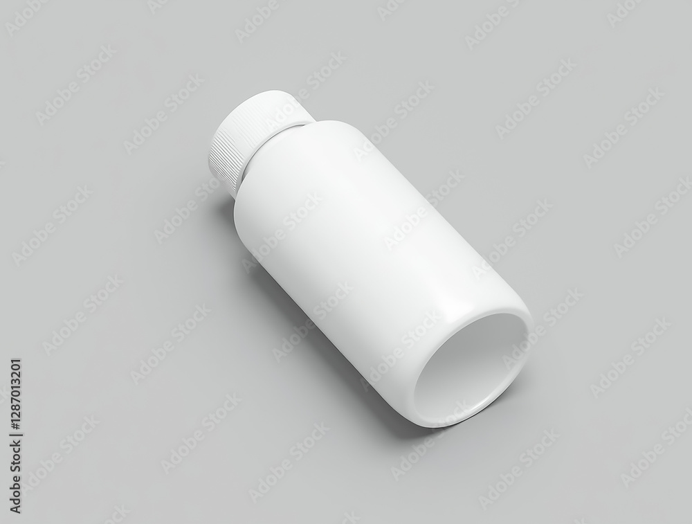 Simple white plastic bottle lying on a gray surface with a clean design for versatile packaging uses and potential storage Simple white plastic bottle lying on a gray surface with a clean design for versatile packaging uses and potential storage