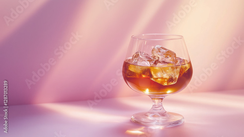 A Corner Shot of a Glass of Brandy with Ice, Focusing on the Drink with an Empty Surrounding Space Perfect for Custom Text or Graphics copy space