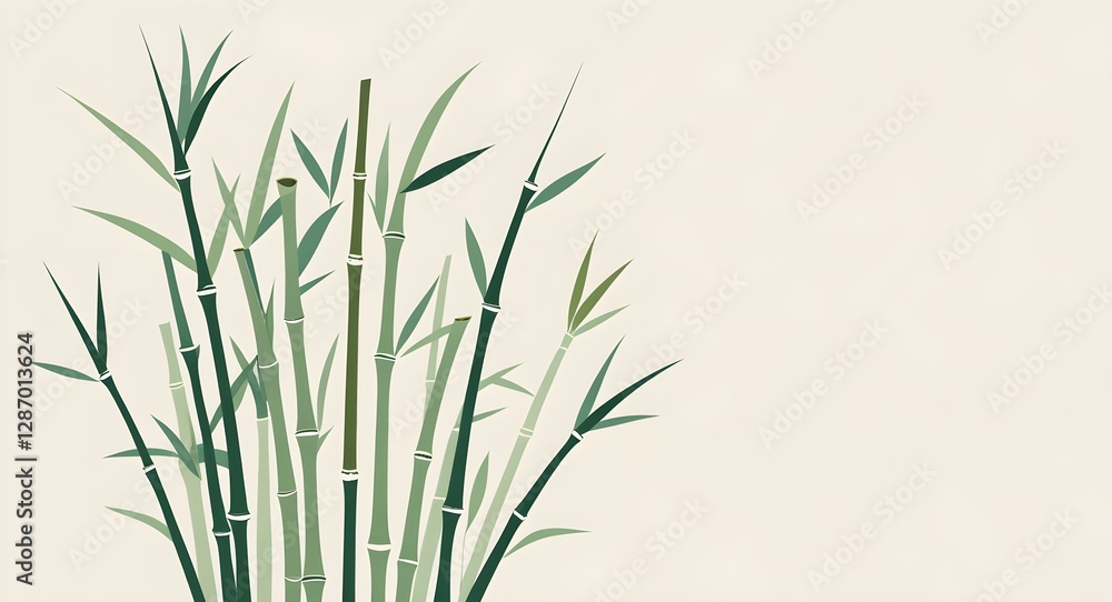 Obraz premium Illustration of green bamboo shoots on light cream background, with copy space.