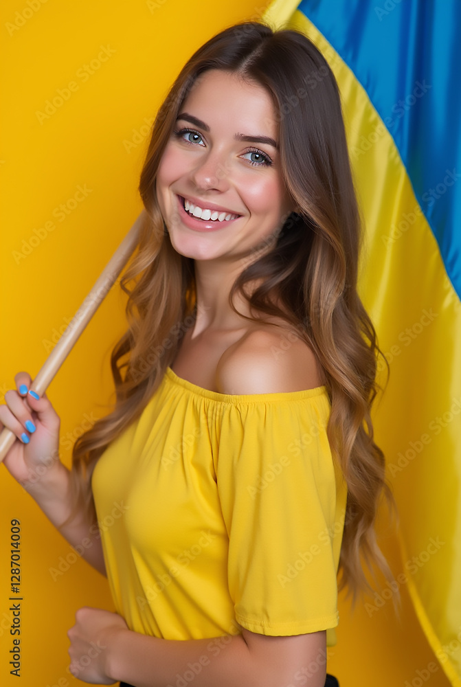 Smiling woman showcasing pride with a flag against a vibrant yellow background in a joyful moment