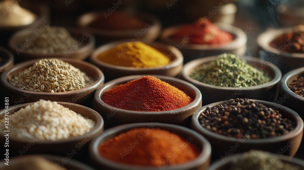 A vibrant display of assorted spices arranged in small bowls, showcasing a rich tapestry of colors and textures in a rustic kitchen setting. приправи фон, ілюстрація для сайта A vibrant display of assorted spices arranged in small bowls, showcasing a rich tapestry of colors and textures in a rustic kitchen setting. приправи фон, ілюстрація для сайта