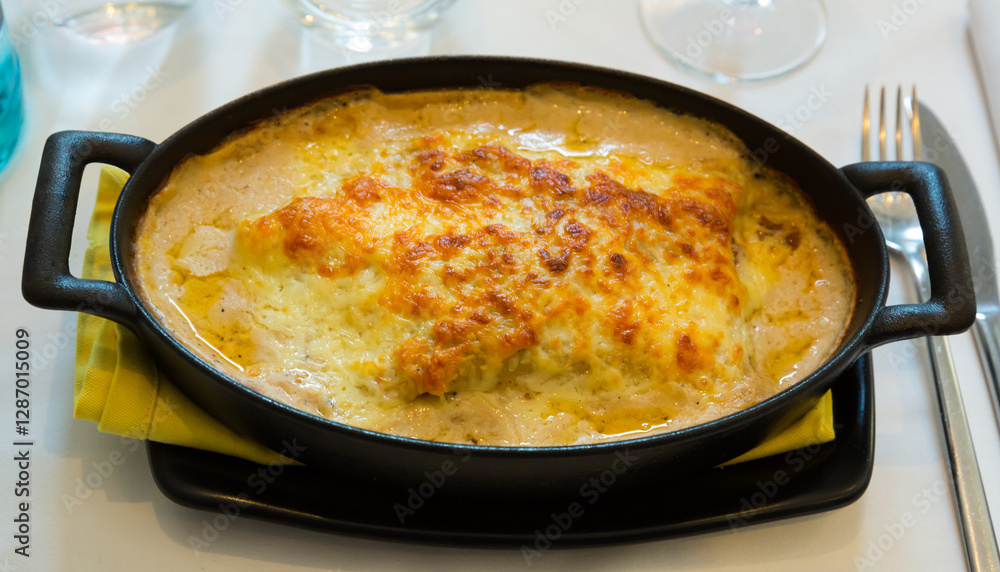 Baked lasagne with meat in bechamel sauce served in baking pan. Italian cuisine.. Baked lasagne with meat in bechamel sauce served in baking pan. Italian cuisine..
