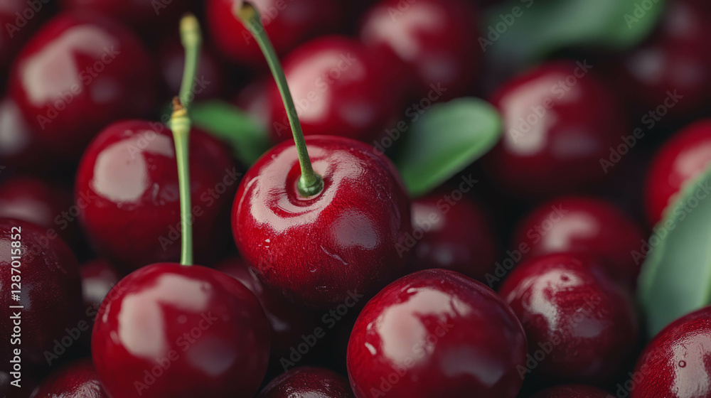 Close-up view of fresh cherries with tight grain and uniform color for nature inspired design Close-up view of fresh cherries with tight grain and uniform color for nature inspired design