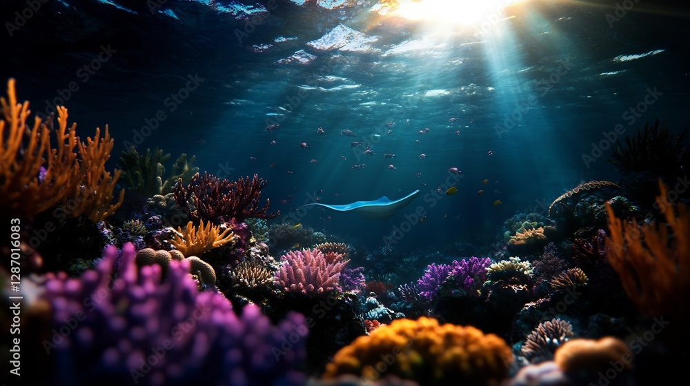 Fototapeta premium Vibrant Underwater Coral Reef Scene With Sunlight And Marine Life