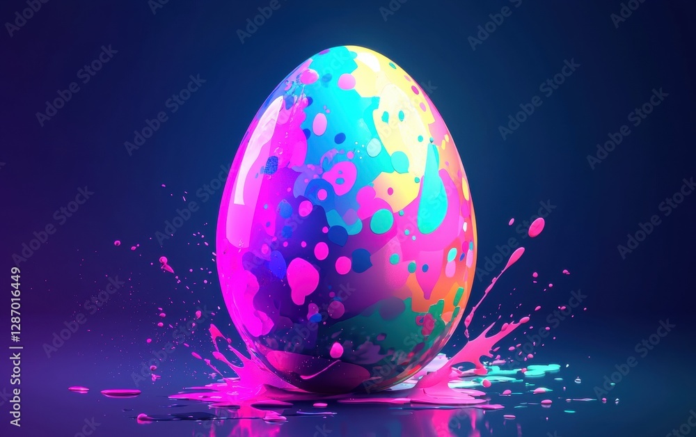 Easter egg with glowing pastel neon paint splashes on a deep background Easter egg with glowing pastel neon paint splashes on a deep background