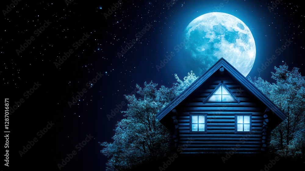 Fototapeta premium Log Cabin Under the Moonlight with Starry Night Sky