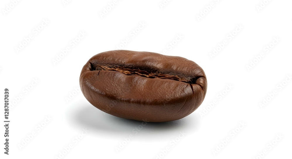 Un solo grano de café tostado, de color marrón oscuro, con un pliegue visible en el centro, proyectando una suave sombra sobre un fondo blanco Un solo grano de café tostado, de color marrón oscuro, con un pliegue visible en el centro, proyectando una suave sombra sobre un fondo blanco