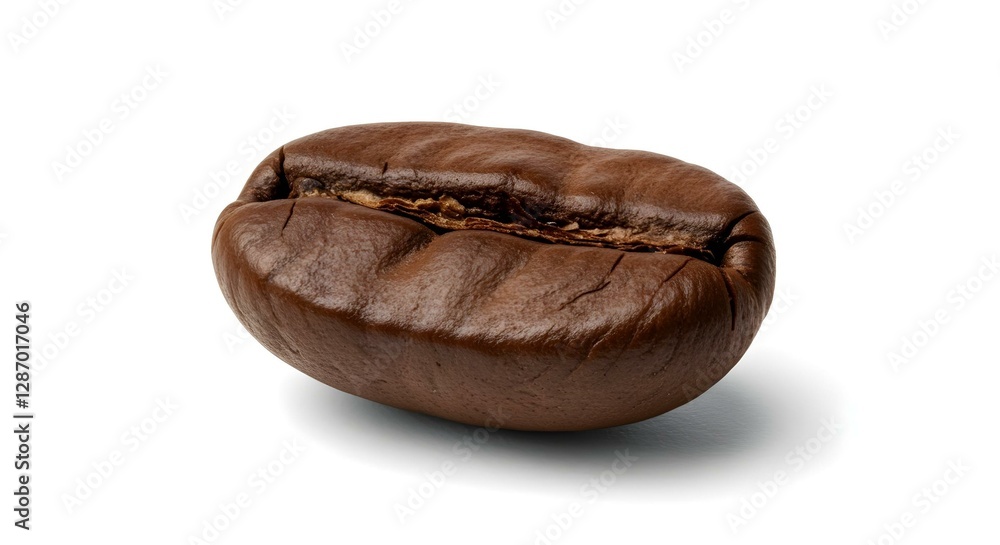 Un solo grano de café tostado, de color marrón oscuro, con un pliegue visible en el centro, proyectando una suave sombra sobre un fondo blanco Un solo grano de café tostado, de color marrón oscuro, con un pliegue visible en el centro, proyectando una suave sombra sobre un fondo blanco