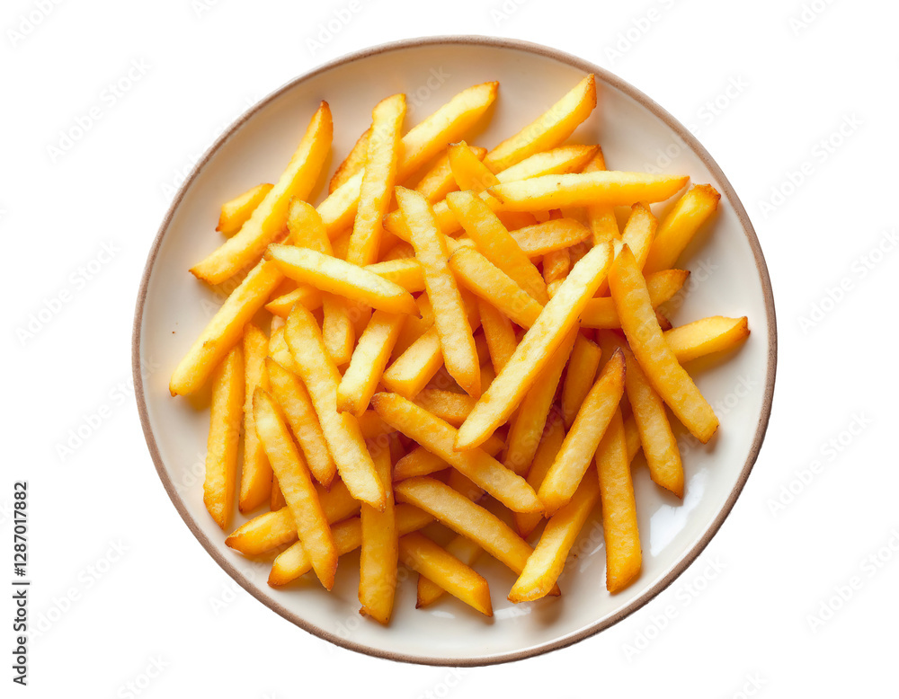 Plate of crispy golden French fries, isolated on transparent background (PNG) Plate of crispy golden French fries, isolated on transparent background (PNG)