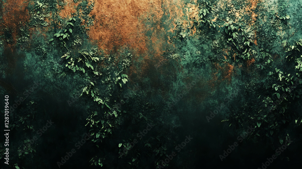 Textured copper and moss with dark green foliage for natural design and decor Textured copper and moss with dark green foliage for natural design and decor