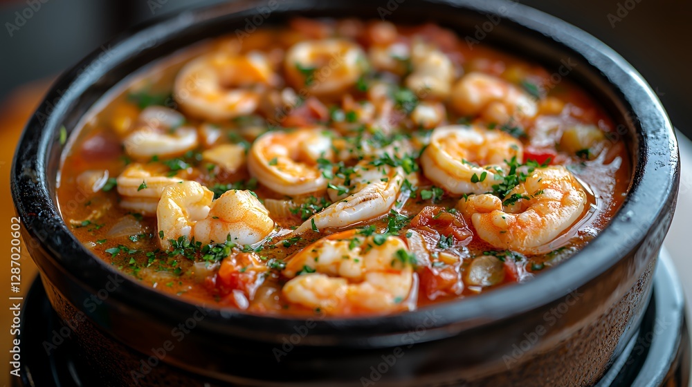 Delicious Shrimp Stew Served in a Traditional Clay Pot at a Cozy Coastal Restaurant During a Sunny Afternoon Delicious Shrimp Stew Served in a Traditional Clay Pot at a Cozy Coastal Restaurant During a Sunny Afternoon