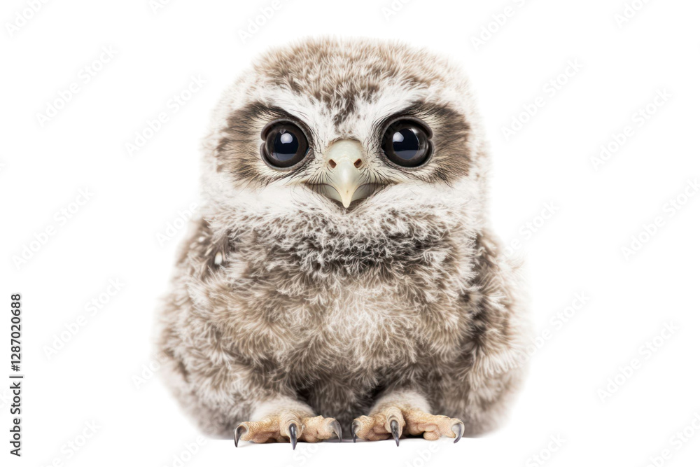 Naklejka premium Adorable fluffy animal isolated on transparent background its large eyes and detailed feathers highlighted against the dark backdrop