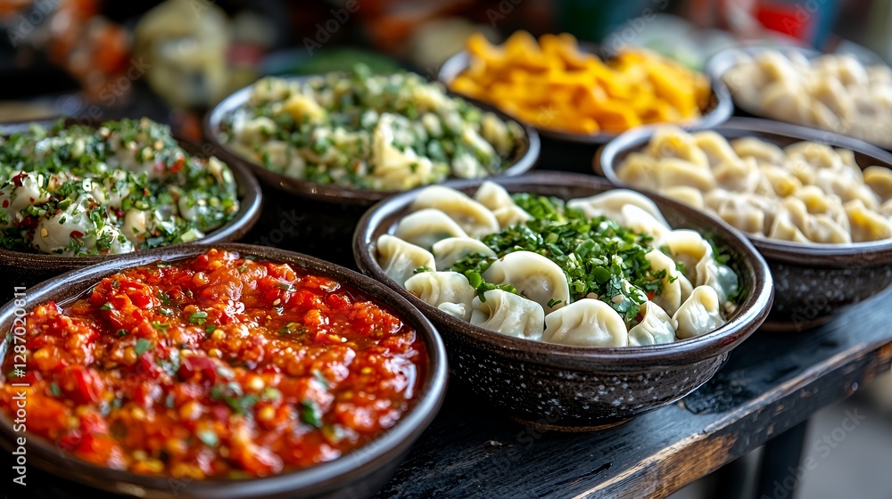 Colorful Display of Fresh Dumplings and Sauces at a Bustling Street Market During a Sunny Afternoon Colorful Display of Fresh Dumplings and Sauces at a Bustling Street Market During a Sunny Afternoon