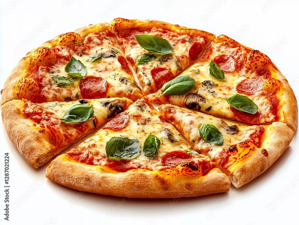 Fresh Pizza Topped With Basil and Pepperoni, Served on a White Background, Enticingly Cut Into Slices, Making It Perfect for Sharing During a Casual Meal Fresh Pizza Topped With Basil and Pepperoni, Served on a White Background, Enticingly Cut Into Slices, Making It Perfect for Sharing During a Casual Meal
