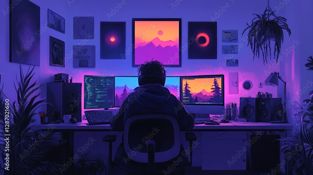 Fototapeta premium Creative Workspace Featuring Dual Monitors With Digital Art and Coding in a Vibrant, Atmospheric Setting