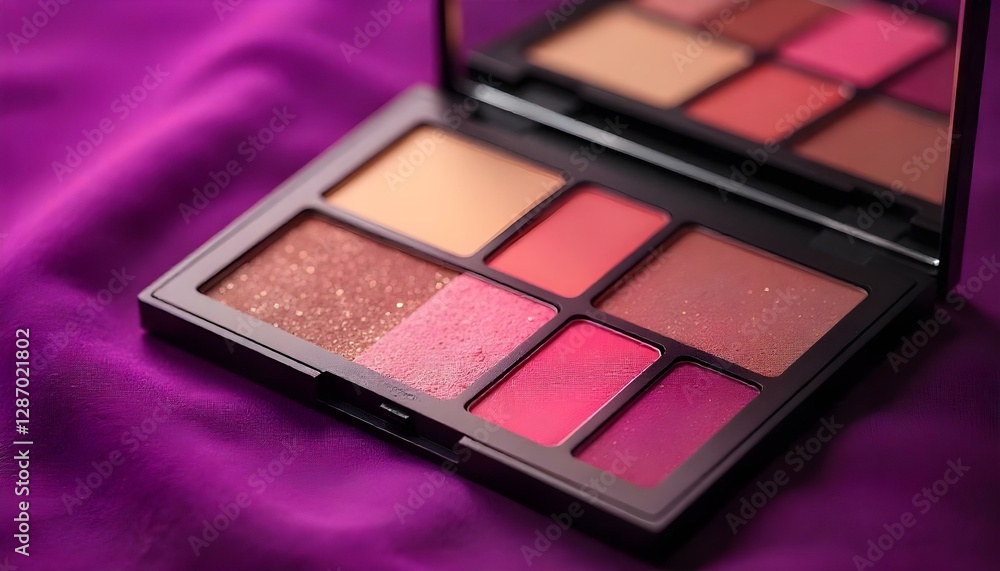 Una paleta de maquillaje colorida con diferentes tonos de sombra de ojos, rubor e iluminador, con un fondo morado Una paleta de maquillaje colorida con diferentes tonos de sombra de ojos, rubor e iluminador, con un fondo morado