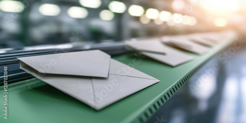 Enveloping machine at the lettershop prepare and process letters or mailings. Post office or print shop. Lettershop or bookbinder manufacture. 