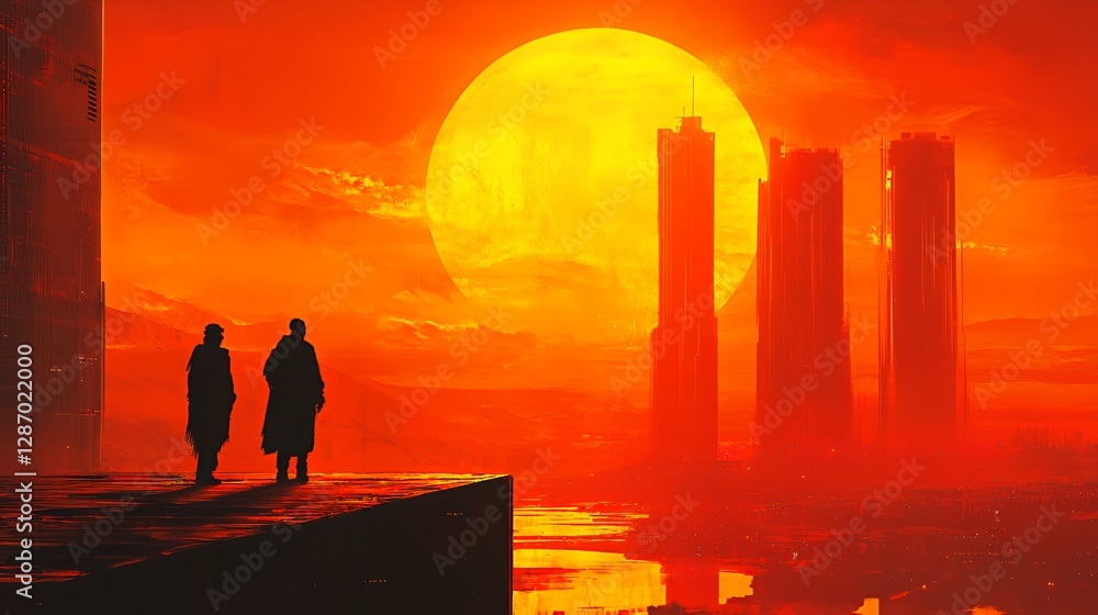 Fototapeta premium Two Silhouetted Figures Overlooking a Futuristic Cityscape at Sunset With Towering Buildings and a Vibrant Orange Sun