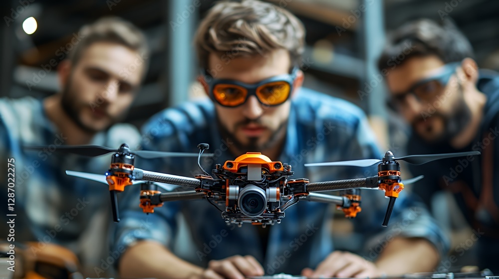 Fototapeta premium Engineers Working on a Drone Prototype in a Workshop Setting During Daylight