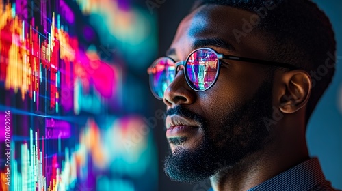 Wallpaper Mural Technology Enthusiast Analyzes Financial Data Displayed on Vibrant Digital Screens During a Late Evening Session Torontodigital.ca