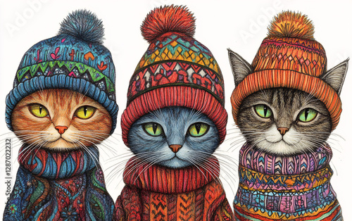 Adorable kittens wearing colorful knitted hats and scarves, cozy winter-themed pet portrait, cute and fluffy cats in warm festive attire photo