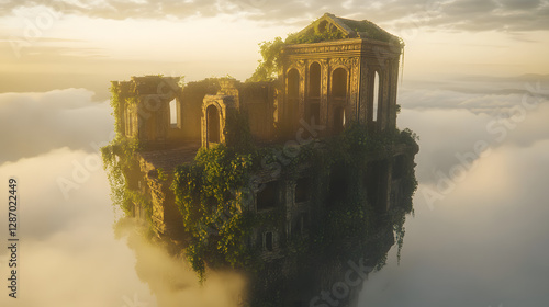 A mystical floating island with ancient ruins and vines hanging over the edges drifting high above the clouds.