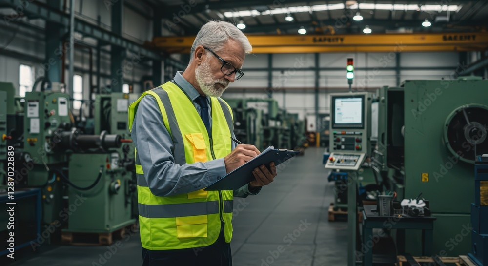A safety engineer with a tablet studies factory equipment against a backdrop of huge turbines and machines A safety engineer with a tablet studies factory equipment against a backdrop of huge turbines and machines