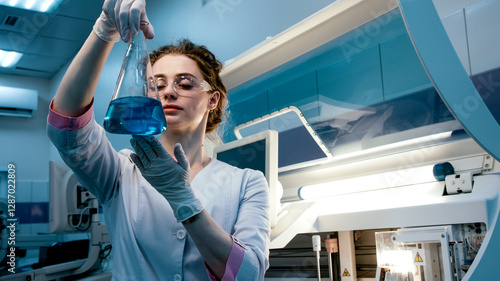 Obraz na plátně A young female lab technician against the backdrop of modern laboratory equipment