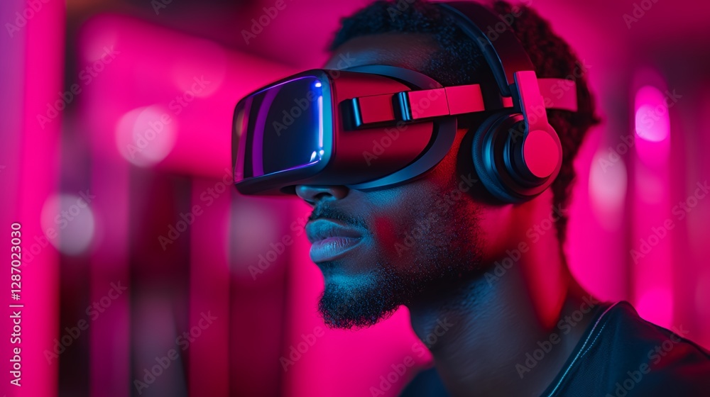Immersive Virtual Reality Experience in a Vibrant Setting at Night Complemented by Colorful Lighting and Futuristic Equipment Immersive Virtual Reality Experience in a Vibrant Setting at Night Complemented by Colorful Lighting and Futuristic Equipment