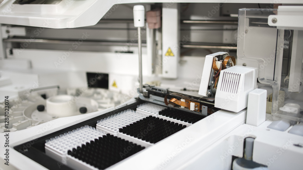 Close-up of an analyzer in a modern laboratory, showcasing precision and innovation in science. The concept of working with cutting-edge technologies in research processes. Close-up of an analyzer in a modern laboratory, showcasing precision and innovation in science. The concept of working with cutting-edge technologies in research processes.
