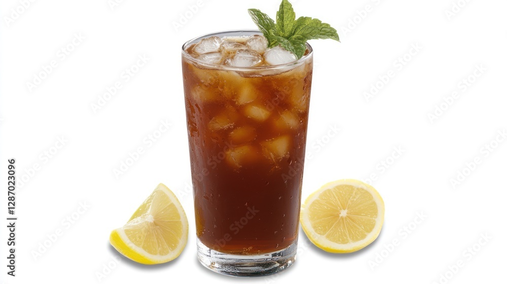 Refreshing Iced Tea with Lemon and Mint Sprig on White Background Refreshing Iced Tea with Lemon and Mint Sprig on White Background