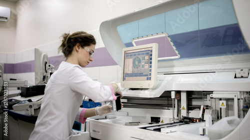 Cuadro en lienzo A young woman works in a modern laboratory with advanced equipment and an analyzer