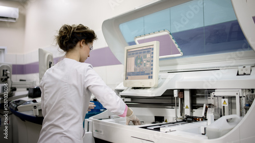 Obraz na plátně A young woman works in a modern laboratory with advanced equipment and an analyzer